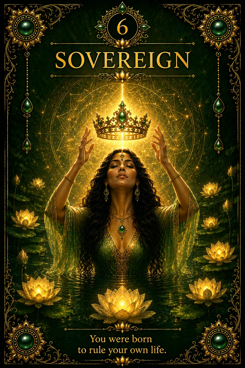 Green Tara oracle card 6: Sovereign — Victorious Over All Worlds