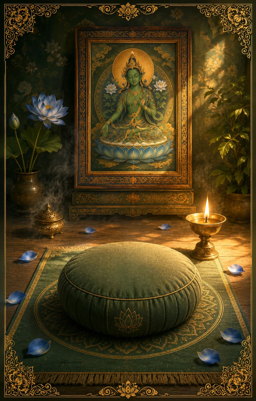 A meditation cushion before a framed Green Tara painting, lit by an oil lamp and blue lotus petals