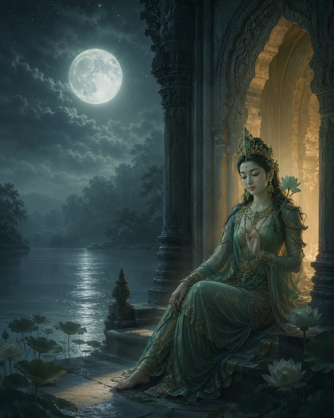 A princess by moonlit water at the threshold of a temple