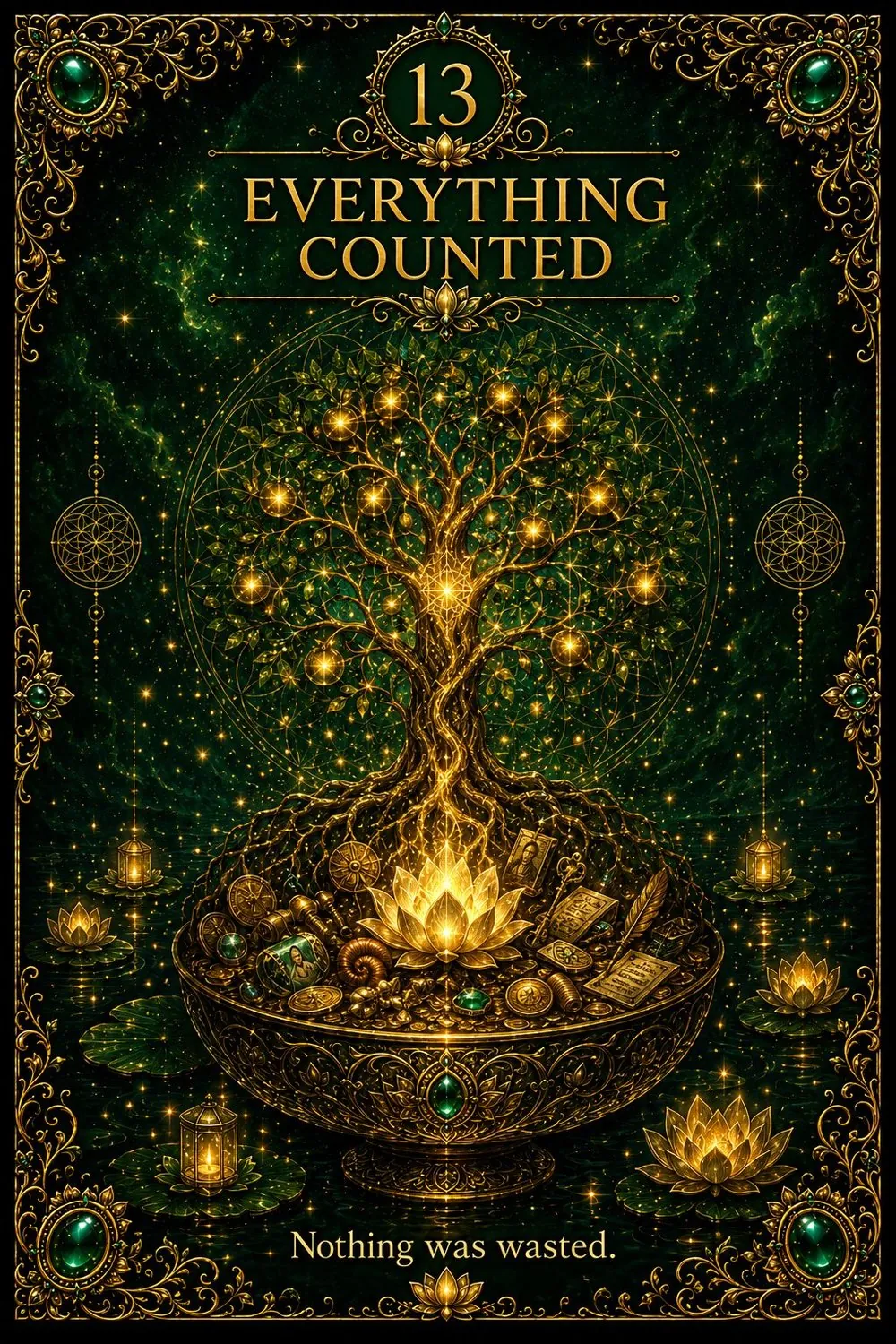 Green Tara oracle card 13: Everything Counted — The Ripening Fire