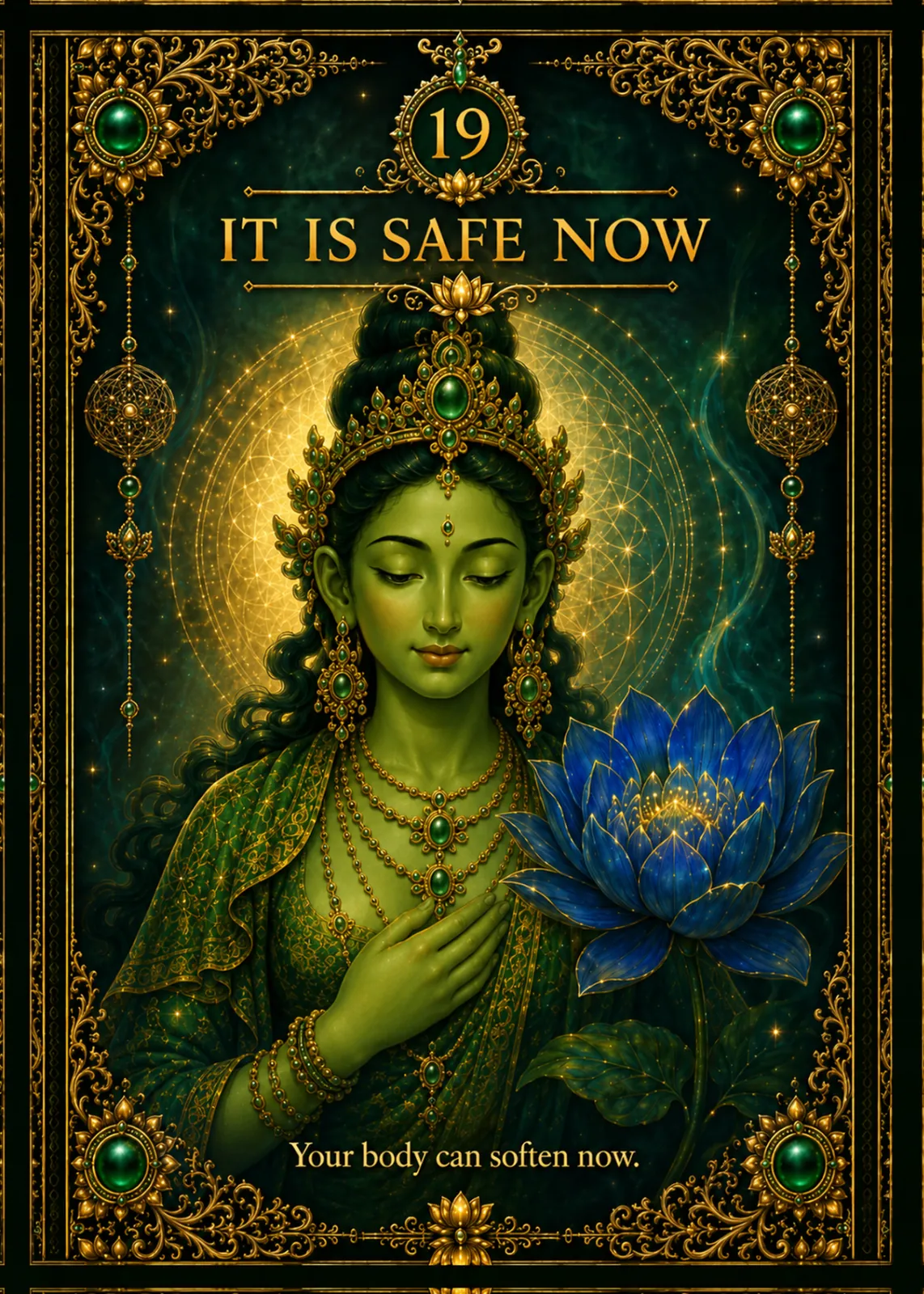 Green Tara oracle card 19: It Is Safe Now — Dispeller of Nightmares