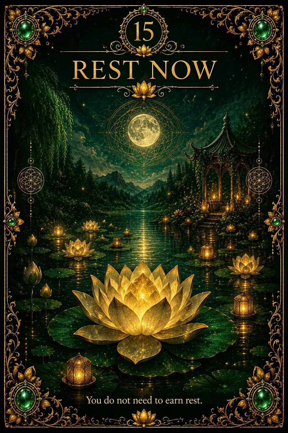 Green Tara oracle card 15: Rest Now — The Great Peace