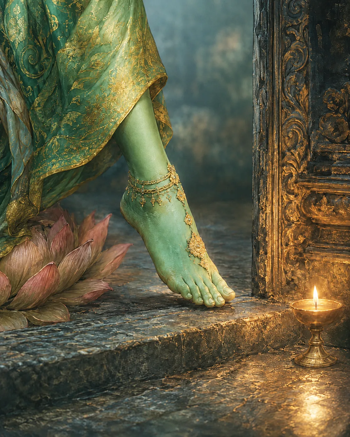 Green Tara's foot stepping from a lotus beside a lit oil lamp