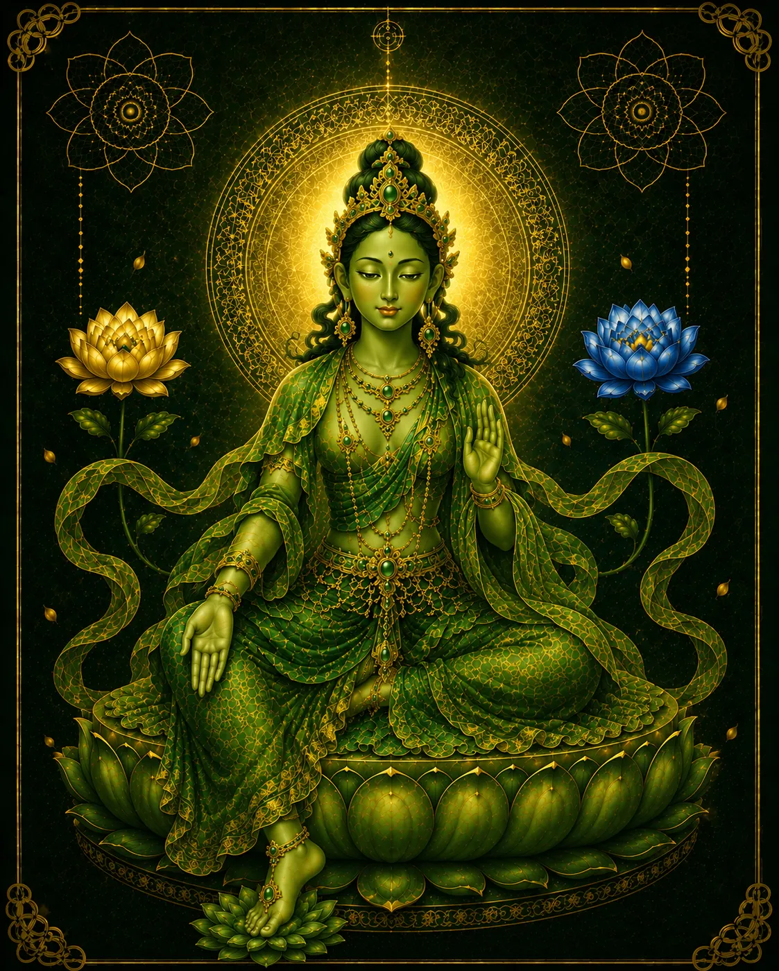 Green Tara seated on a lotus, crowned in gold, surrounded by lotuses