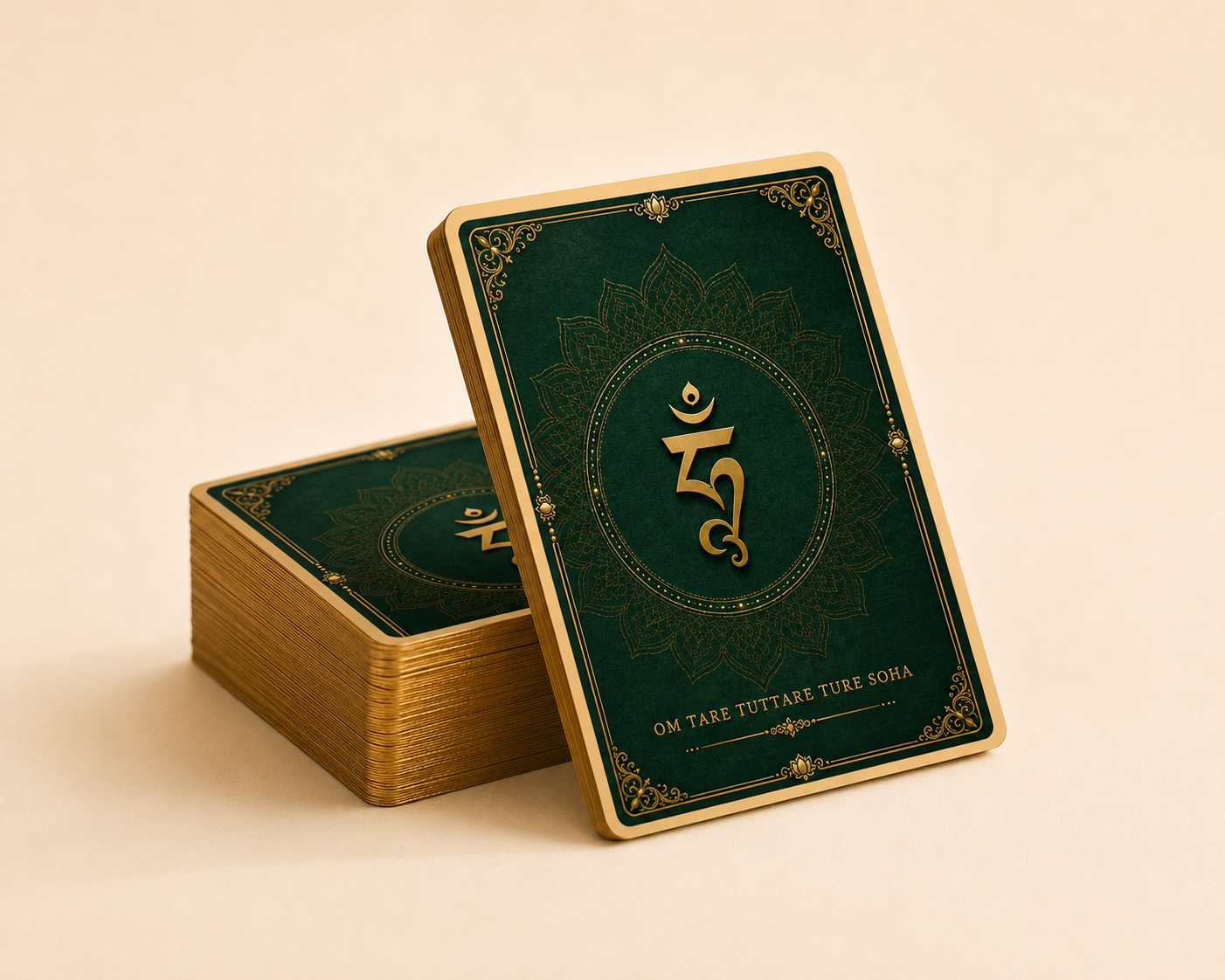 Green Tara Oracle deck — stacked cards with gold-foil mandala back