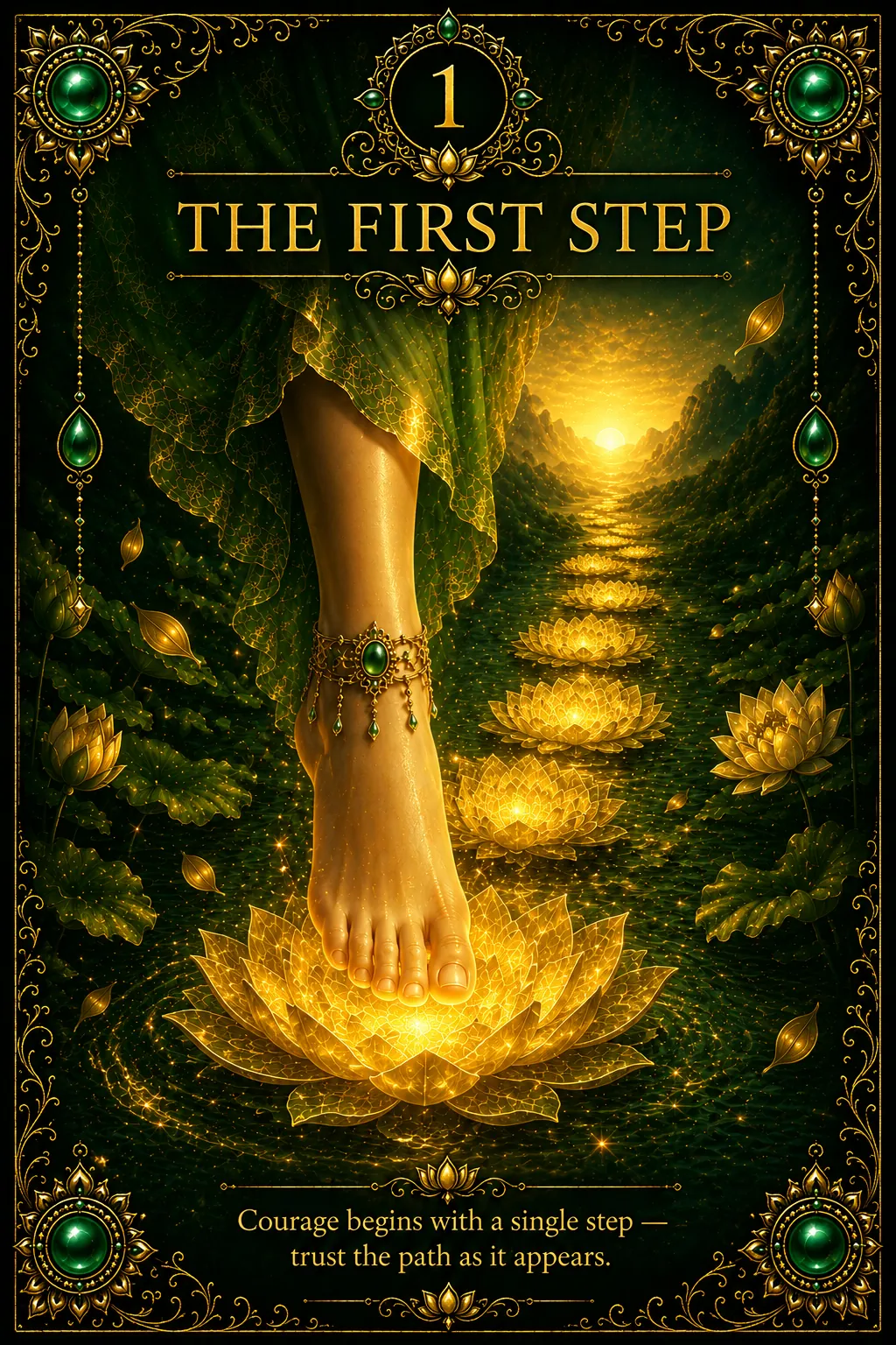 Green Tara oracle card 1: The First Step — Swift & Heroic