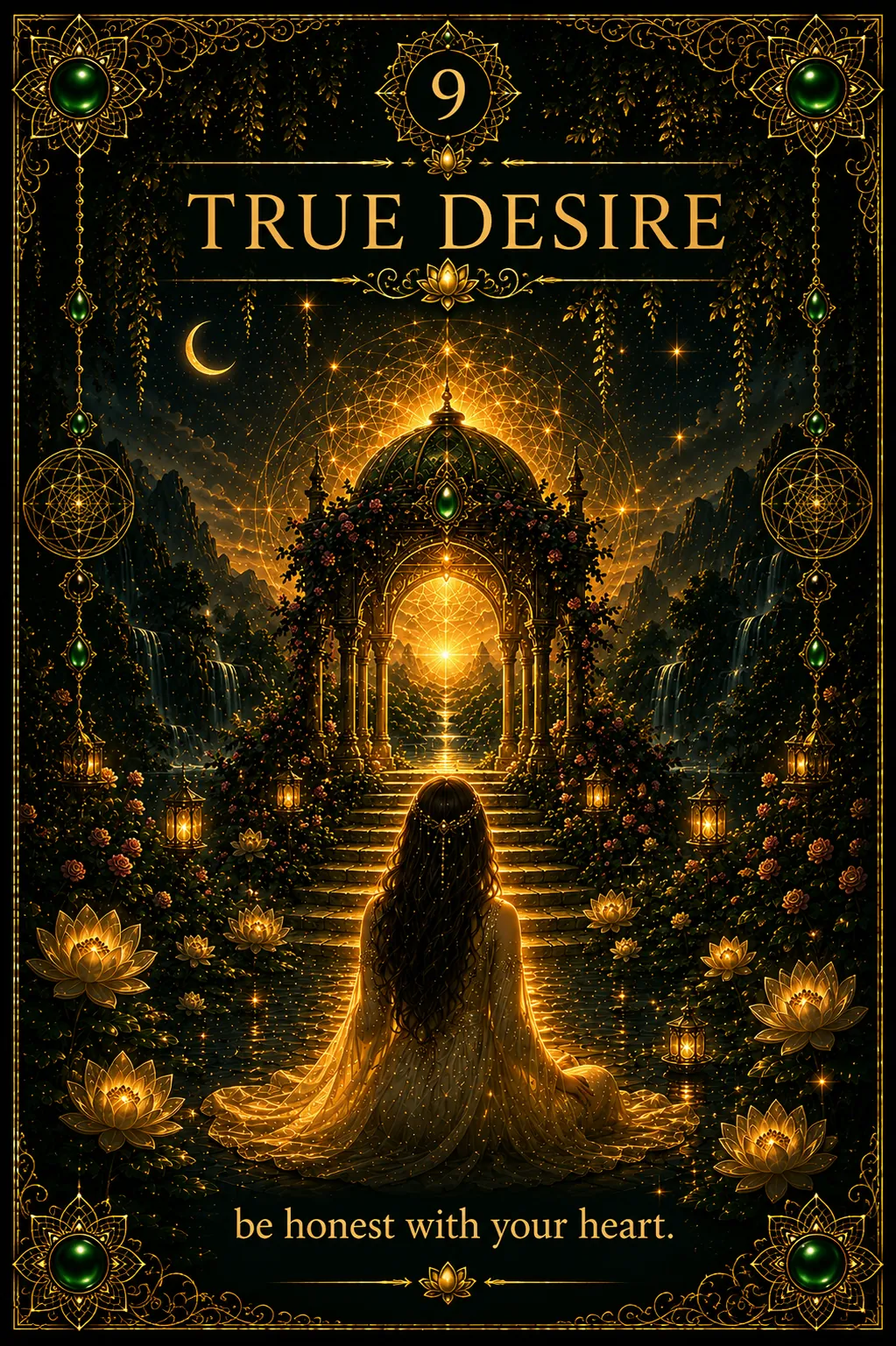 Green Tara oracle card 9: True Desire — Tārā of the Acacia Forest
