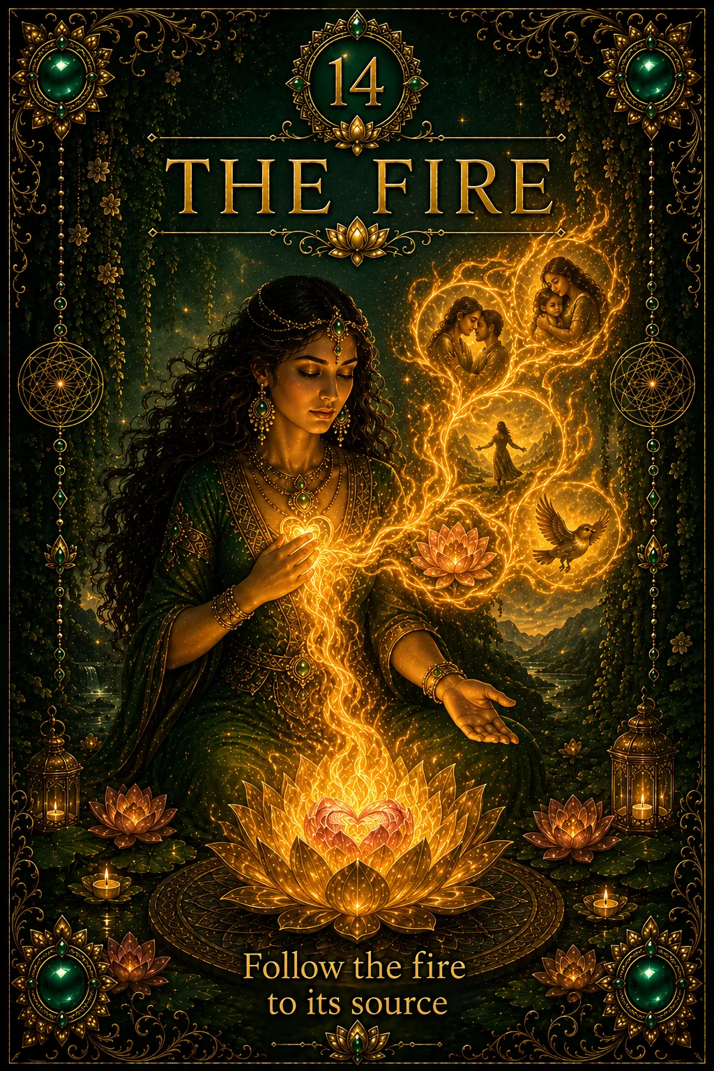 Green Tara oracle card 14: The Fire — The Fierce Mother