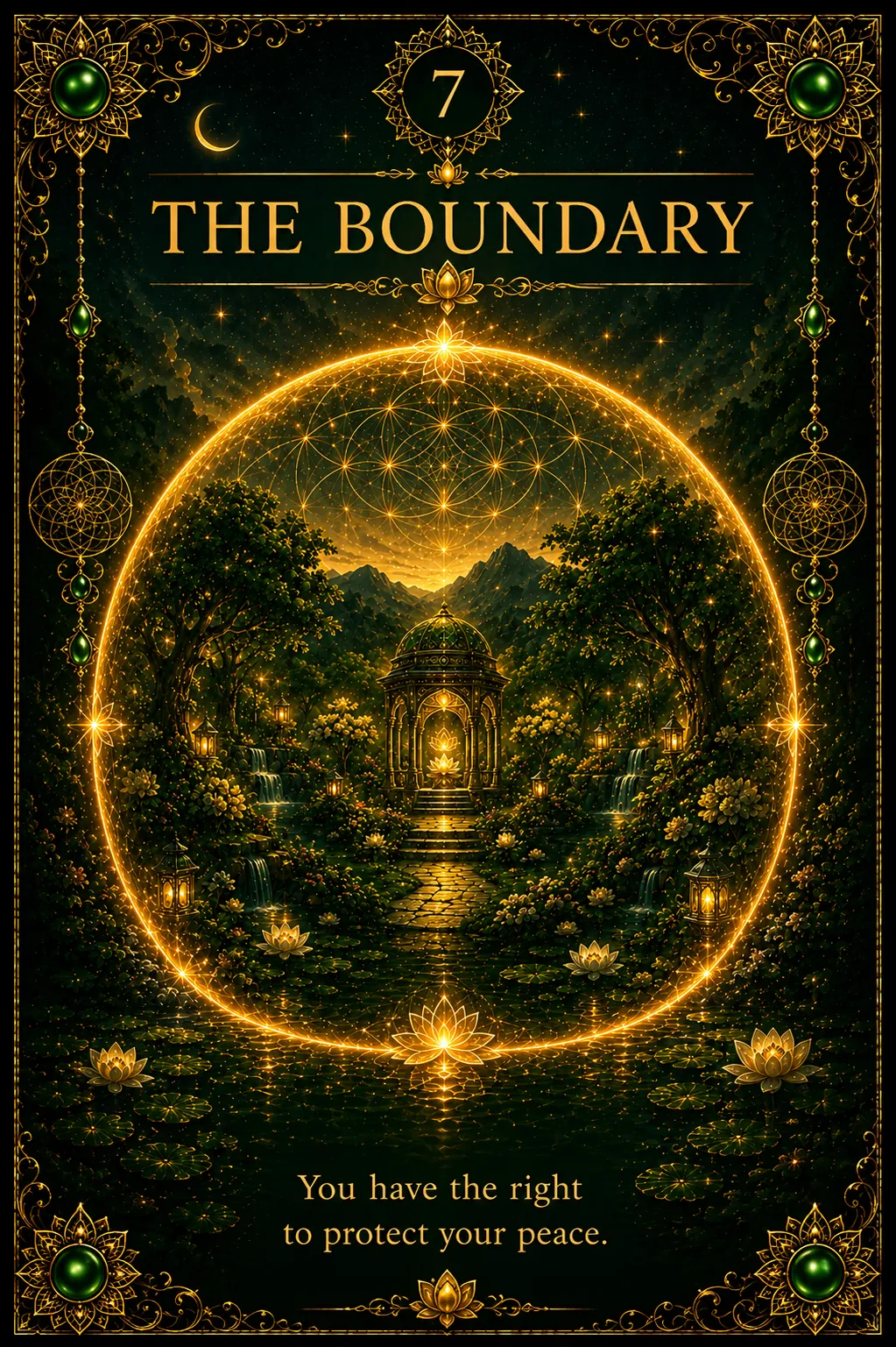 Green Tara oracle card 7: The Boundary — The Unconquerable One