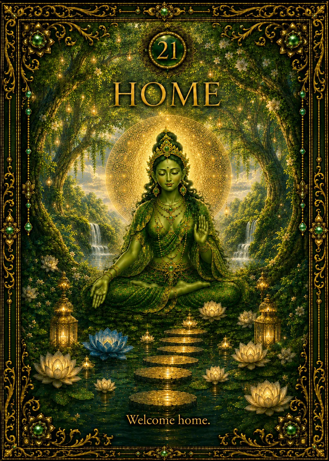 Green Tara oracle card 21: Home — Perfect Tara