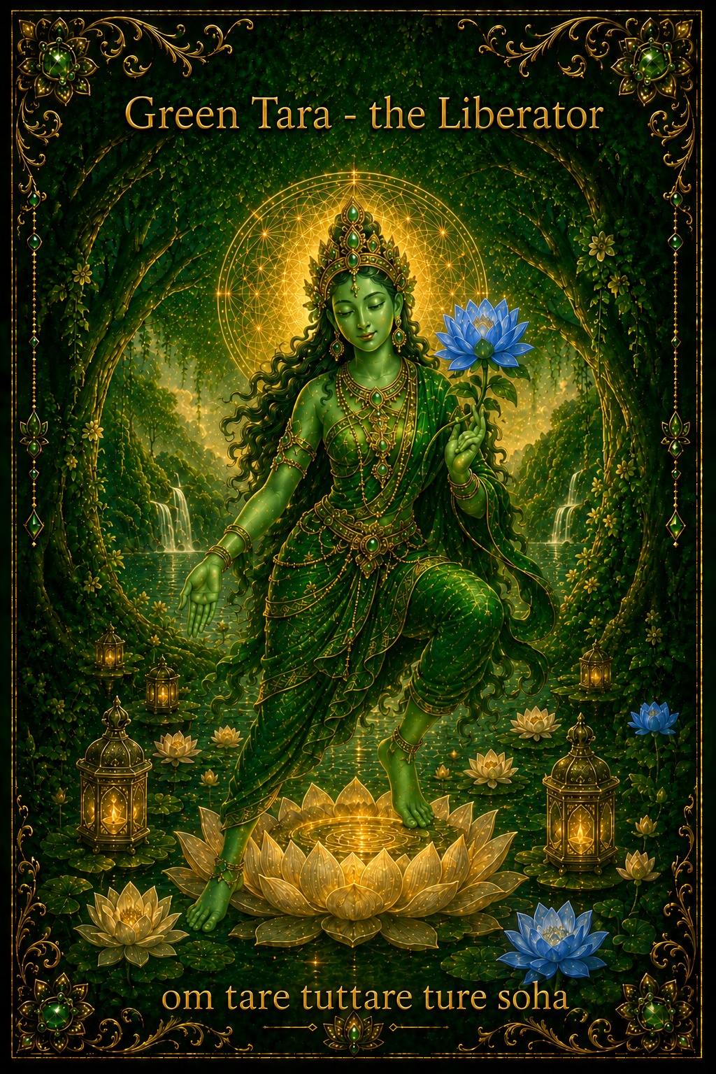Green Tara seated on a lotus throne